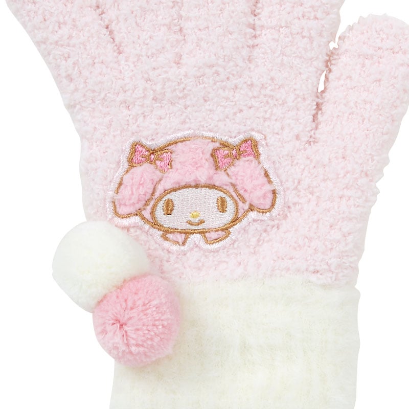 Close-up of Sanrio character embroidery on winter gloves