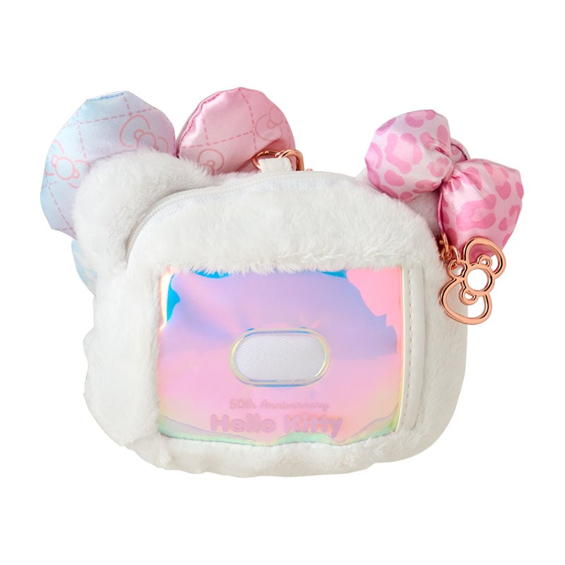 Hello Kitty plush ID card holder with signature bows and zipper closure, perfect for collectors