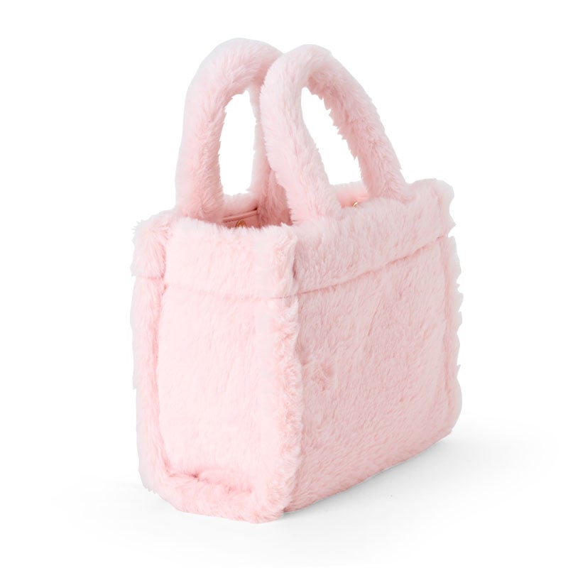 Front view of Hello Kitty plush mini tote bag with embroidered details