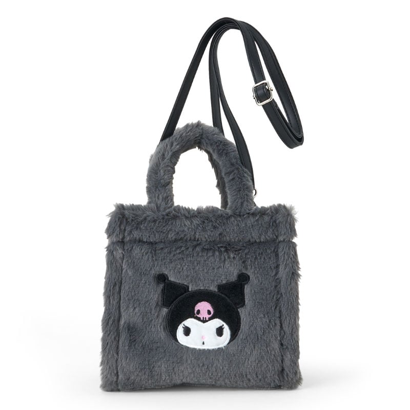 Front view of Kuromi plush tote bag showing detailed embroidery and snap closure.