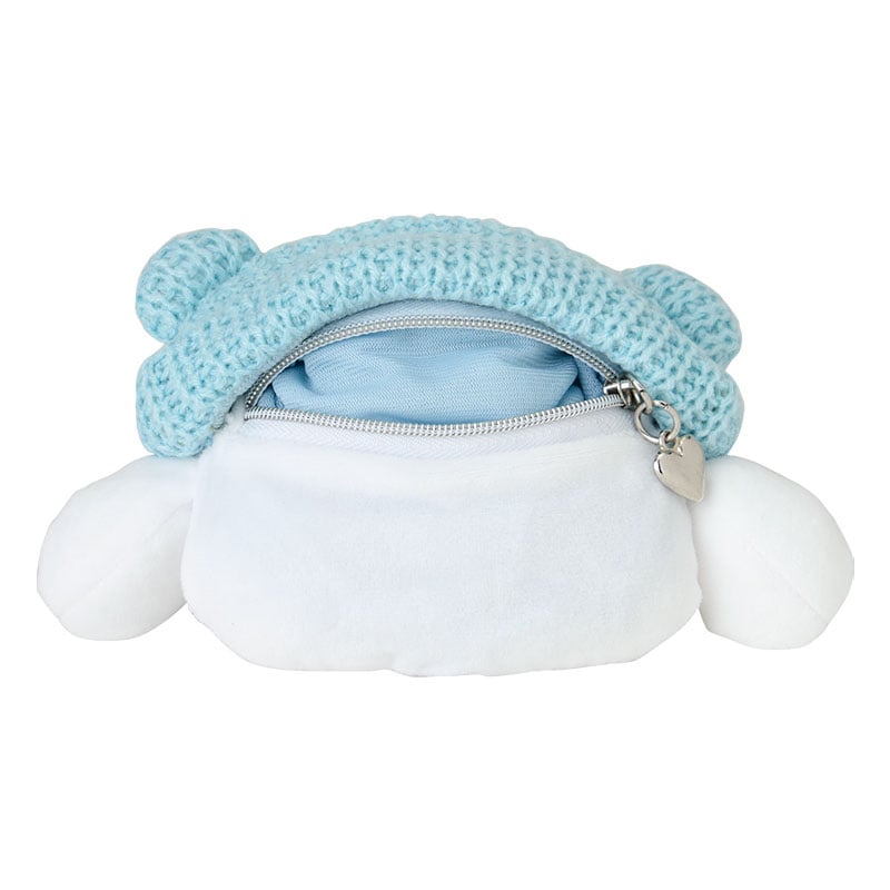 Close-up of Cinnamoroll knit cap mascot with zipper detail