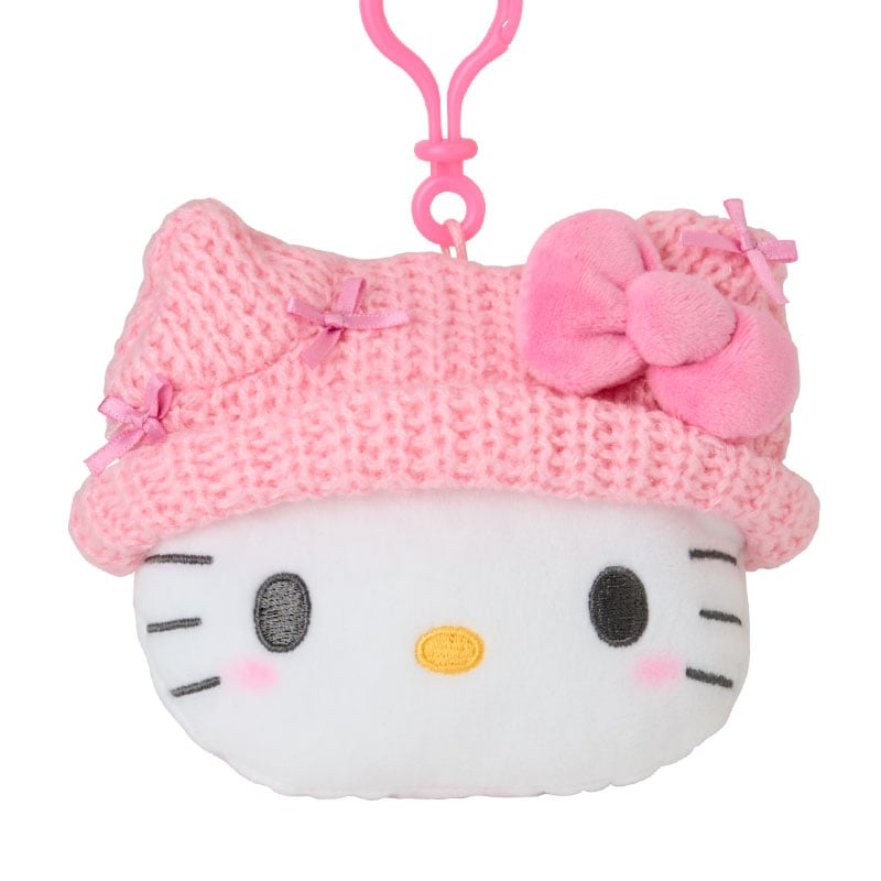 Cute knit cap pouch with Hello Kitty design, great for keeping small items organized on-the-go.