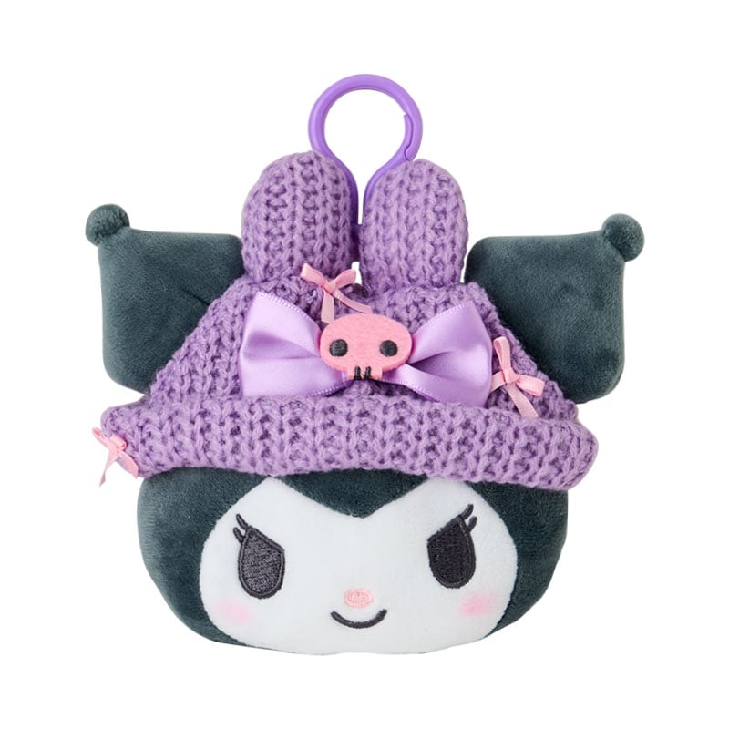 Front angle of Kuromi pouch showing embroidered knit cap and heart zipper pull