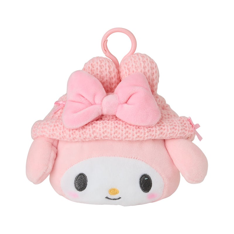 Front view of cute knit cap pouch clipped to tote bag
