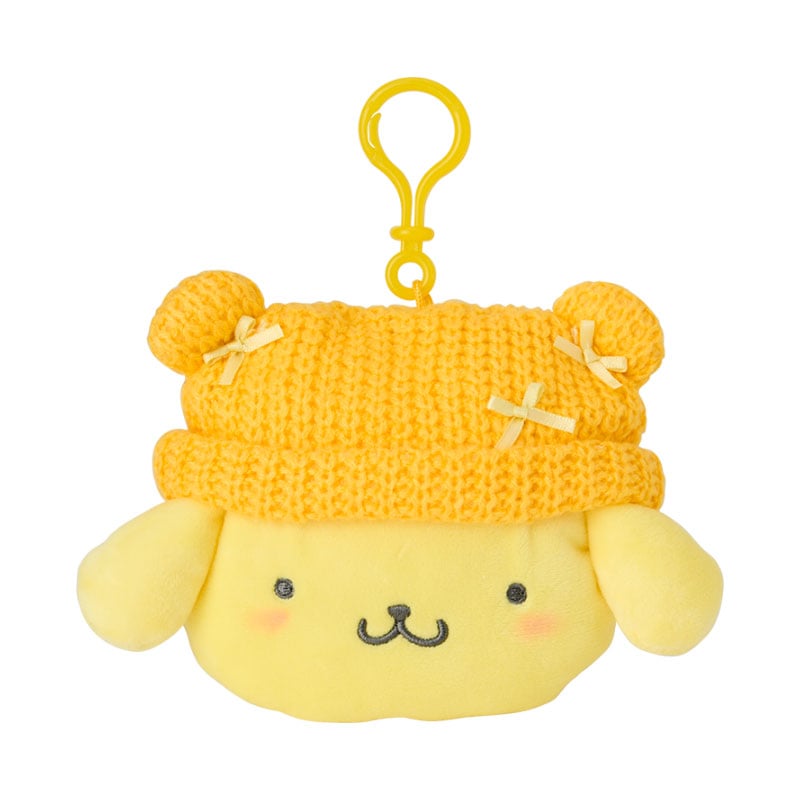 Pompompurin pouch clipped to a backpack strap, showcasing its portable design