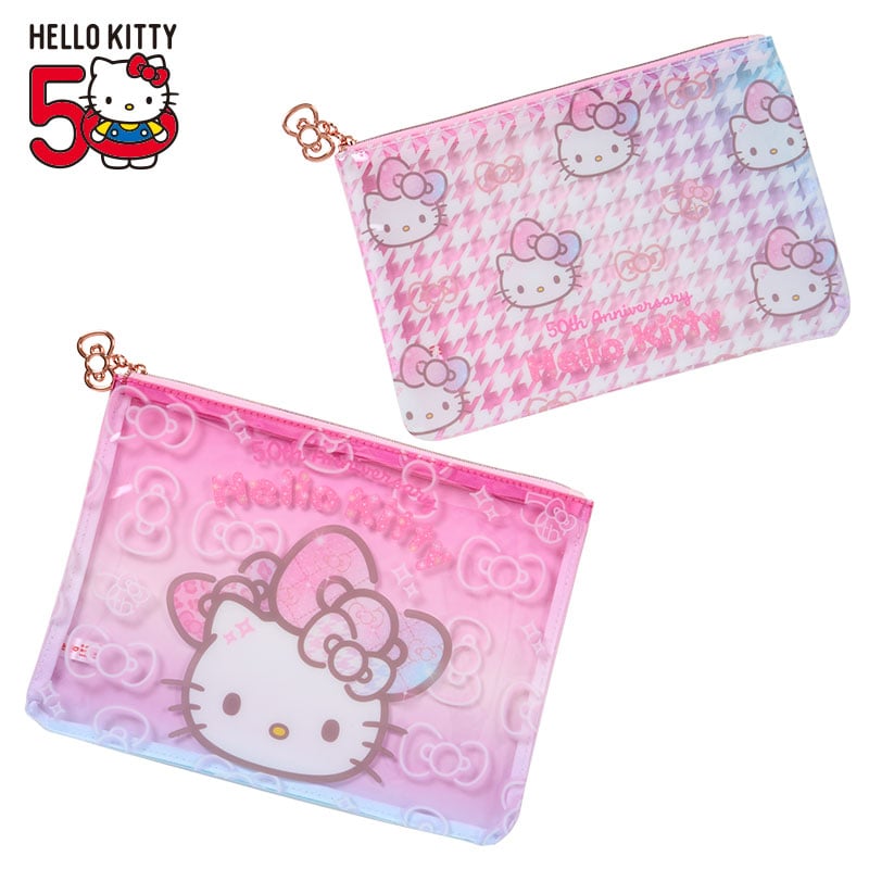 Hello Kitty ribbon pouch set laid flat, showcasing bow prints and gold zipper