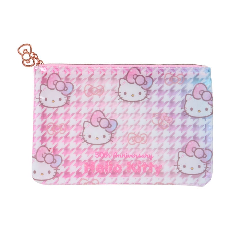 Hello Kitty ribbon pouch set laid flat, showcasing bow prints and gold zipper