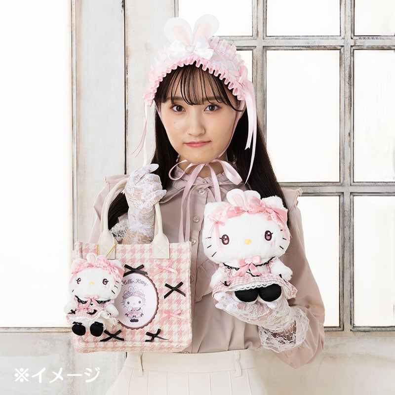 Close-up of Hello Kitty mini handbag showing embroidered details and magnetic snap closure