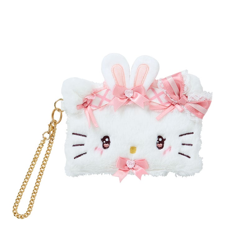 Hello Kitty Ribbon Party Plush Card Case front view with gold chain