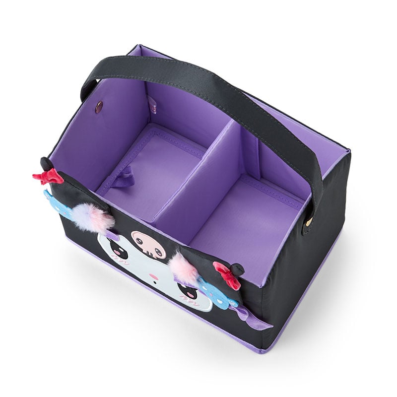 The Kuromi foldable storage box in use on a bedroom shelf, filled with accessories