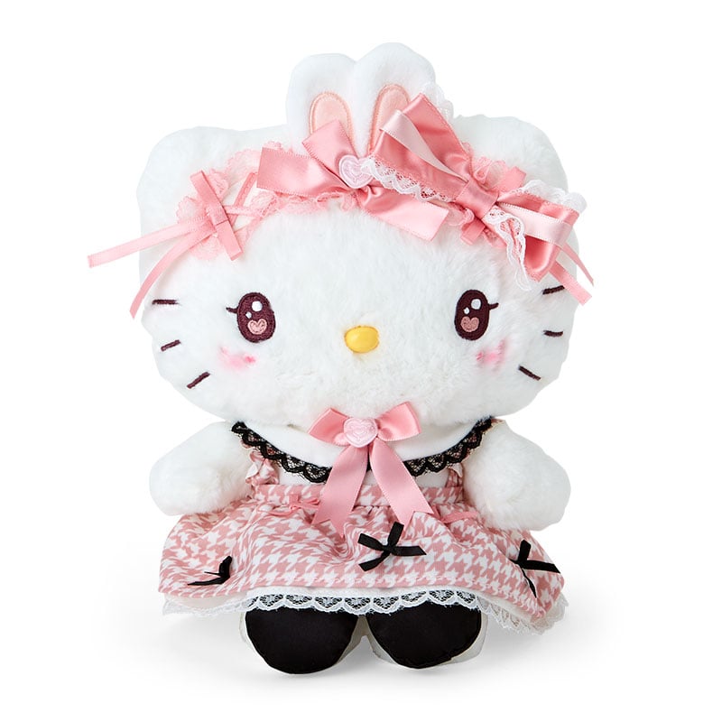Front angle of big Hello Kitty plush in collared ribbon dress with bunny-ear crown