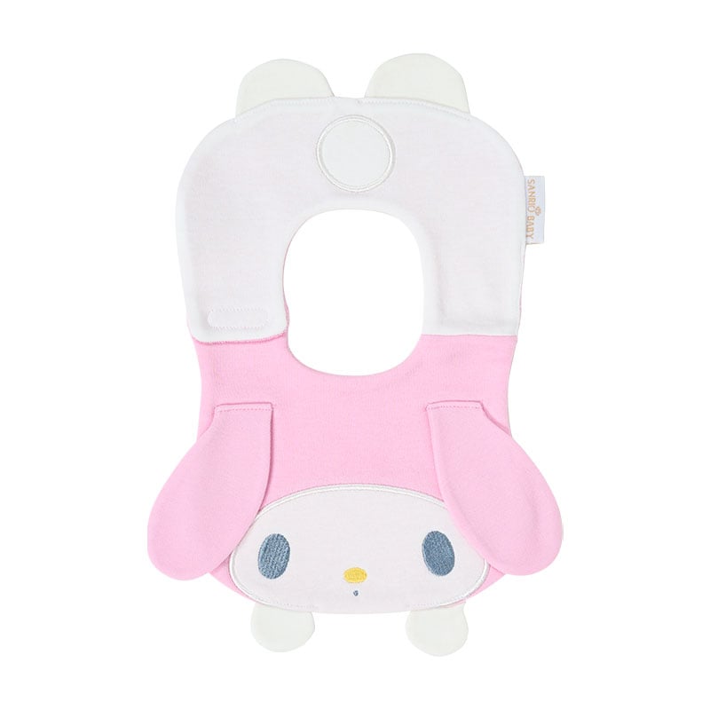 Front view of My Melody bib laid flat on a nursery table