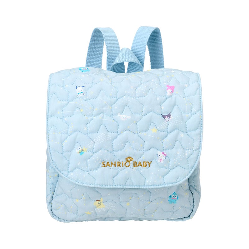 Front view of the Sanrio organic baby backpack with stars design