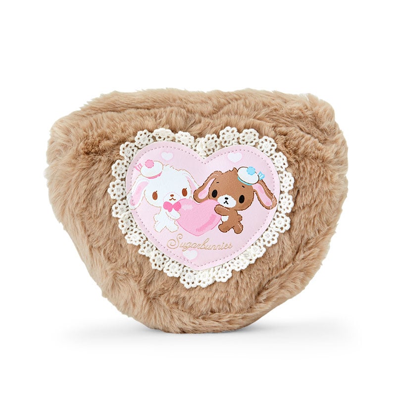 Front view of Sugarbunnies plush zipper pouch with flower zipper pull.