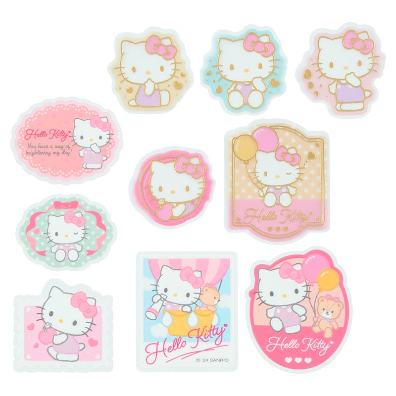 Hello Kitty vinyl stickers sheet with gold foil details, laid flat