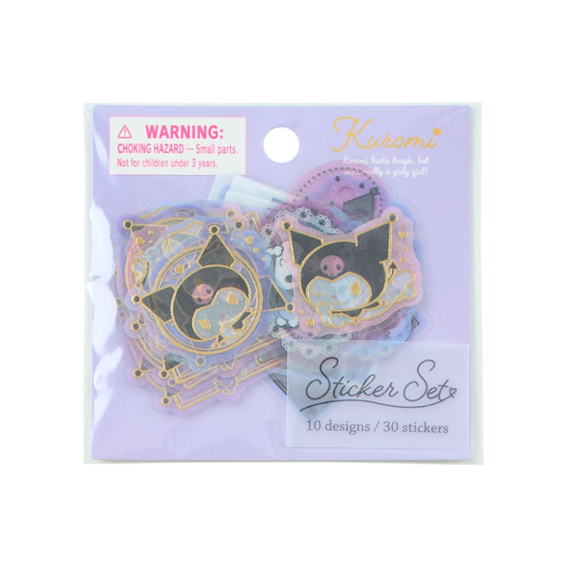 Display of adorable Kuromi stickers on a colorful notebook.