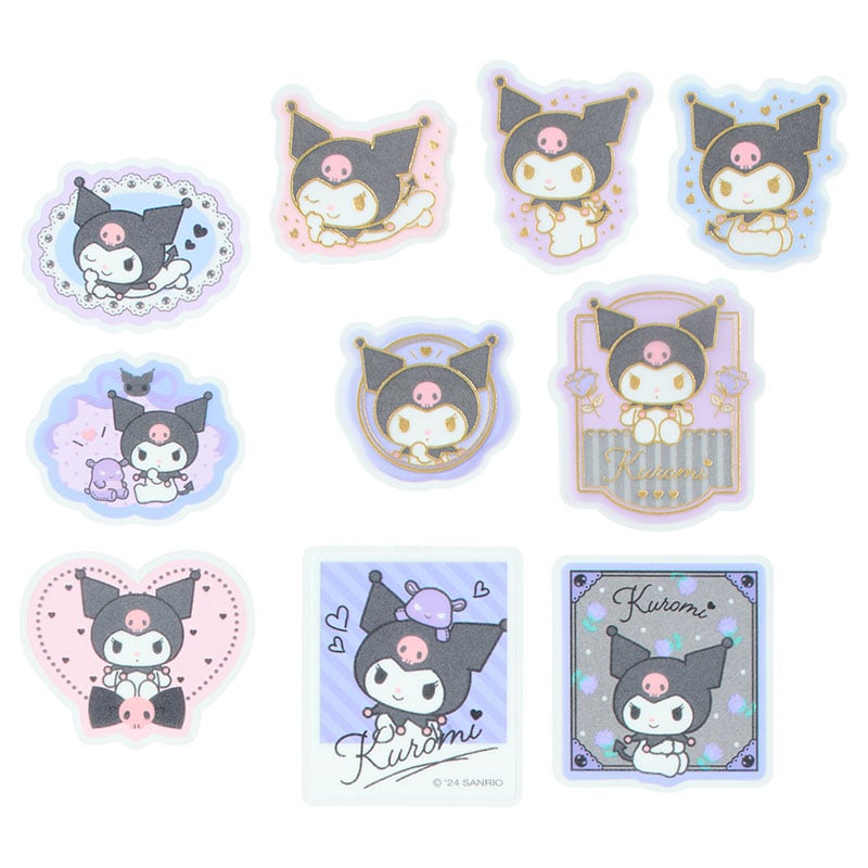 Close-up of Kuromi mini stickers with transparent designs and gold foil accents.
