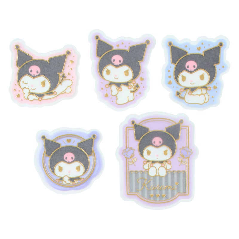 Close-up of Kuromi mini stickers with transparent designs and gold foil accents.
