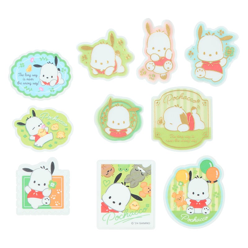 Close-up of Pochacco sanrio sticker set with gold foil details