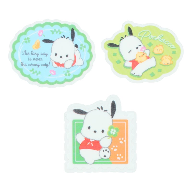 Display of the Pochacco sticker set with gold foil details.