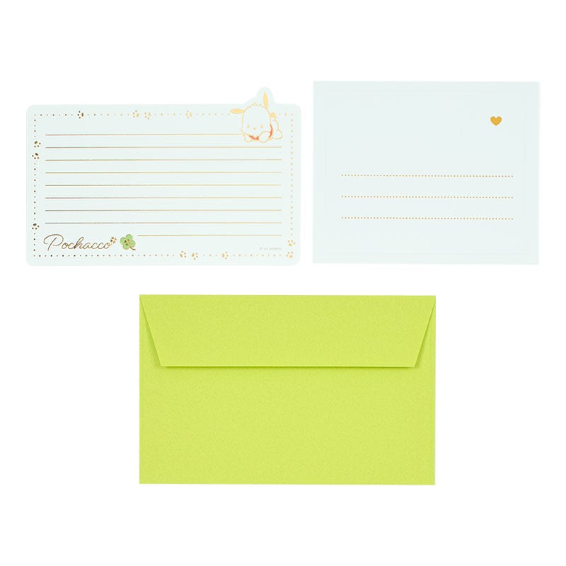 Close-up of Sanrio stationery with Pochacco design and address seals