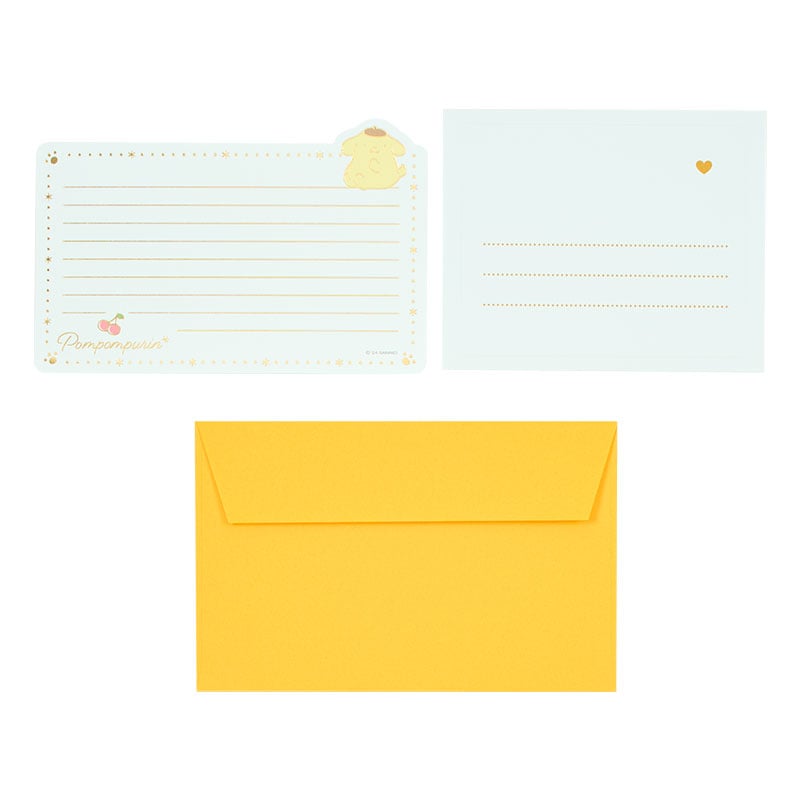 Close-up of Pompompurin stationery design with lined paper and address seals