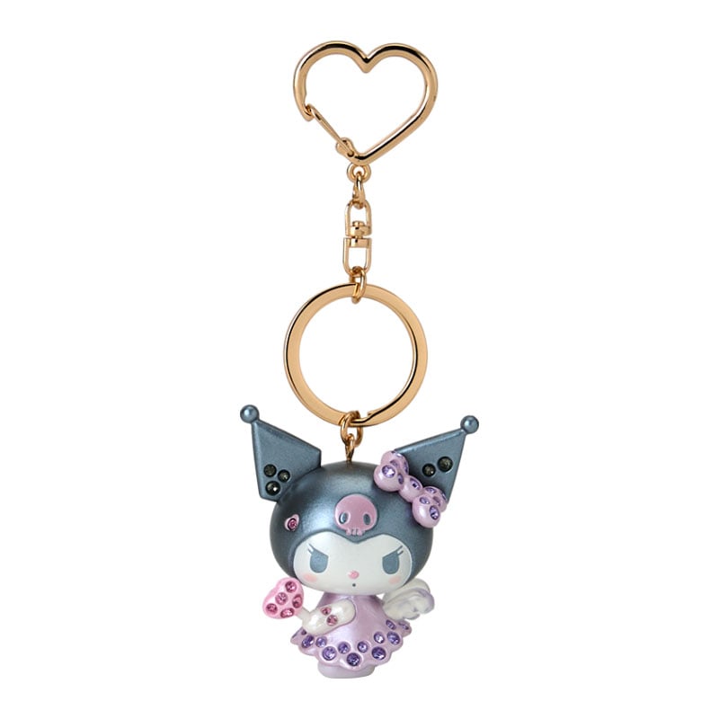 Kuromi Sparkle Keychain from the Dreaming Angel Series Pt 2, showcasing sparkly accents and a gold heart push clasp.