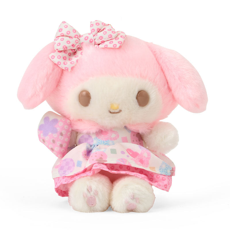 My Melody plush keychain hanging from a pastel tote bag