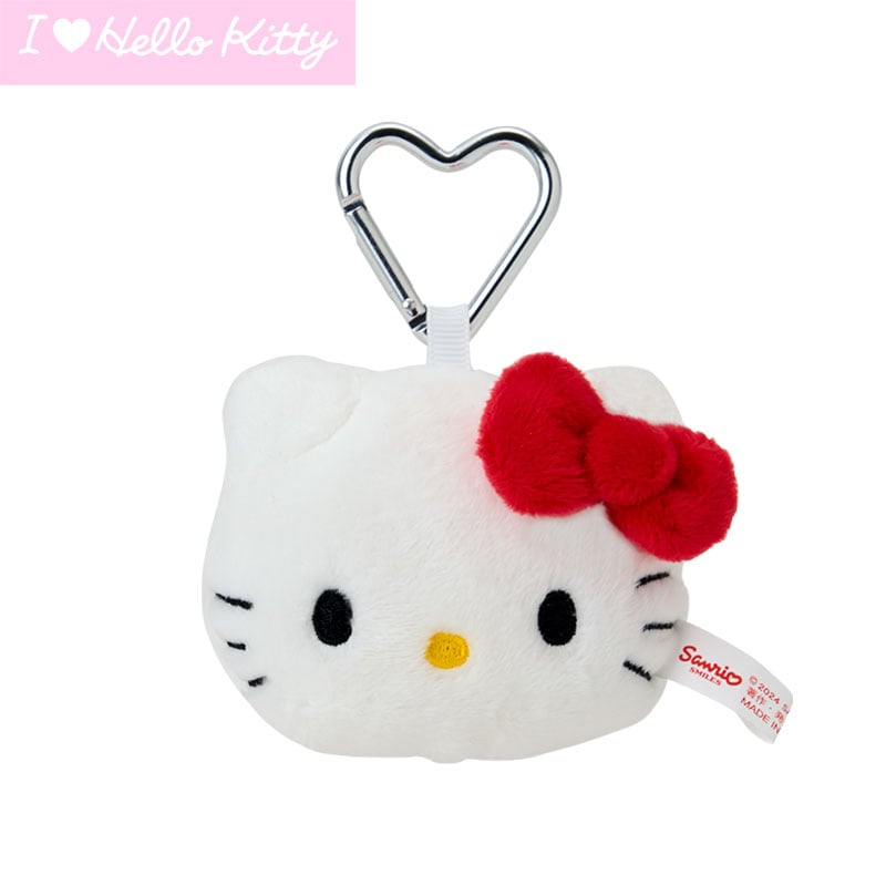 Front view of Hello Kitty plush keychain showing red bow and heart-shaped clasp.