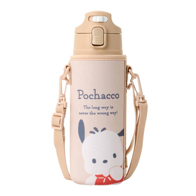 Sanrio Pochacco stainless steel water bottle with straw and neoprene carrier on a hiking trail