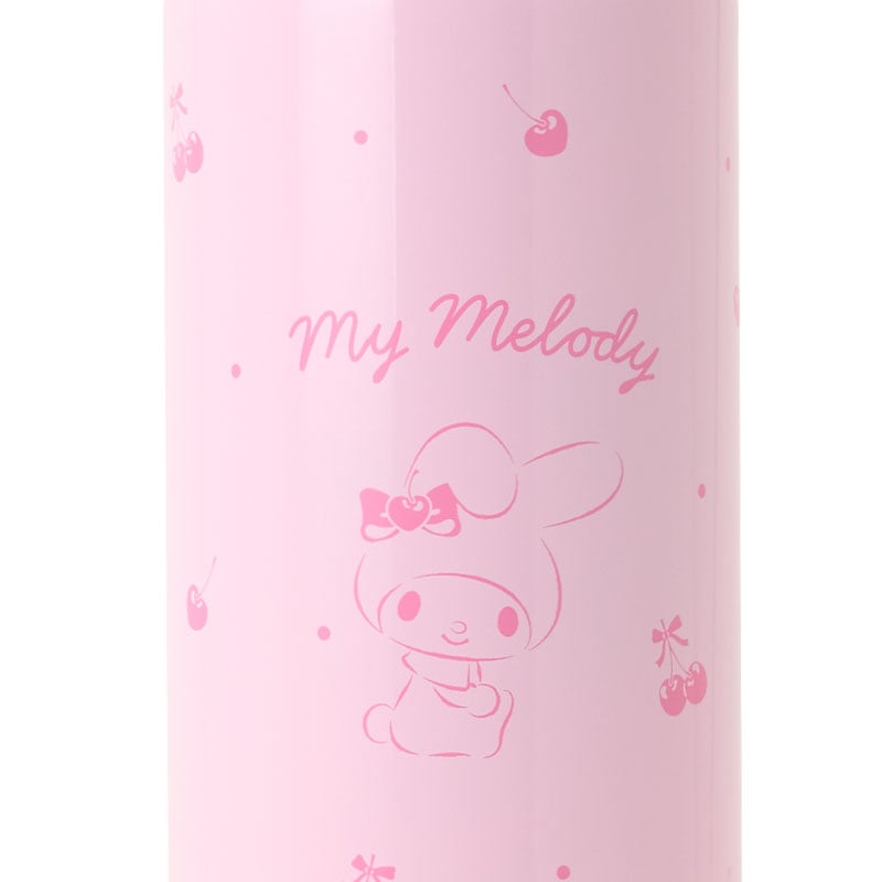 Front view of My Melody stainless steel bottle with carrier on a picnic bench