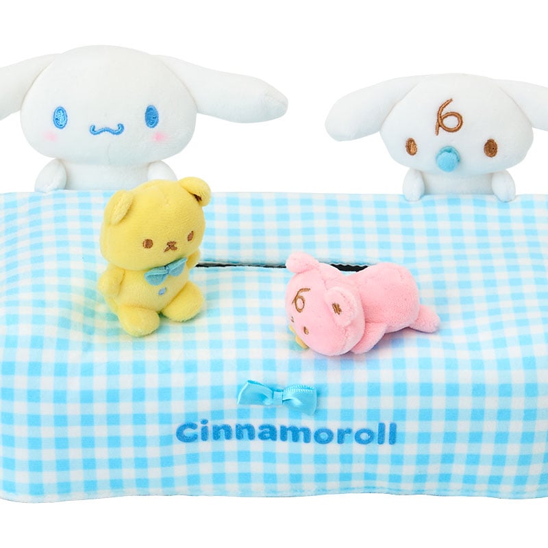 Angled shot showcasing embroidered mascots on soft sanrio tissue box