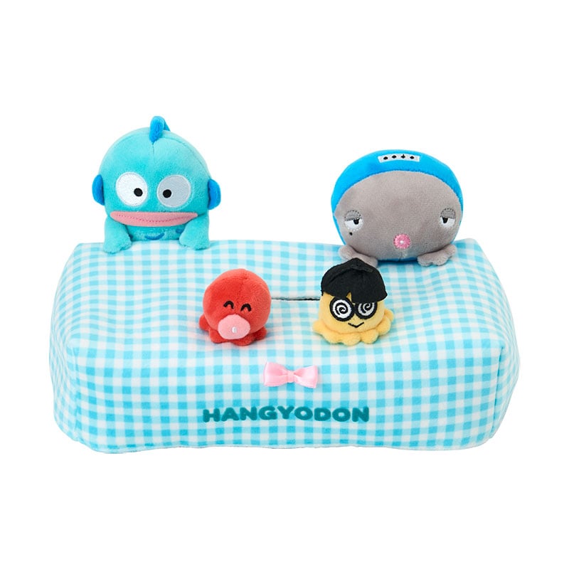 Front view of the Hangyodon tissue box cover showcasing Sanrio characters