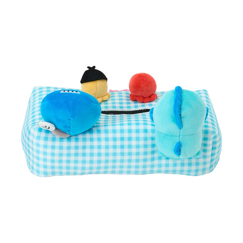 Hangyodon Sanrio tissue box cover with embroidered and applique details, on a shelf