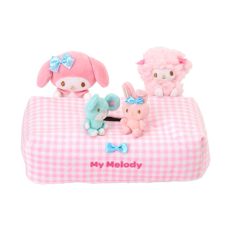 Top view of square tissue box cover showing gingham pattern and soft texture