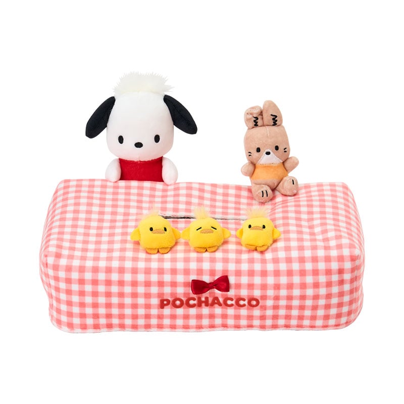 Front view of cute tissue holder with gingham pattern and Sanrio mascots