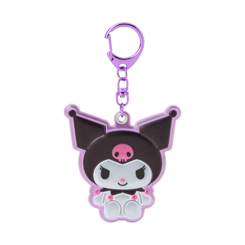 Front view of Kuromi plush reflective keychain clipped to denim backpack