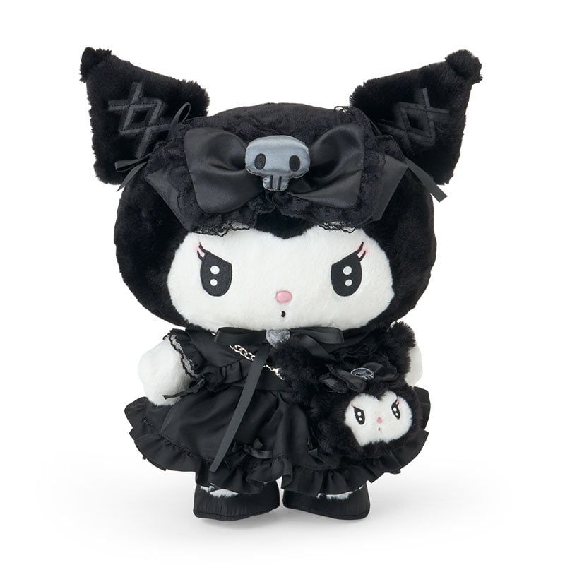 Front angle of Kuromi plush with detailed satin ribbons and lace wings
