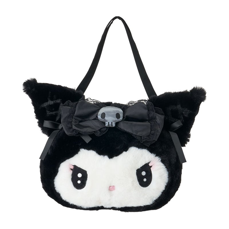 Close-up of Kuromi plush tote bag showcasing embroidered details and satin ribbons
