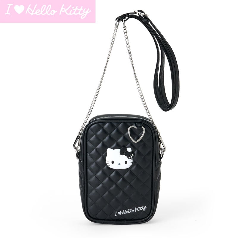 Front view of Hello Kitty black quilted mini bag with heart-shaped zipper.