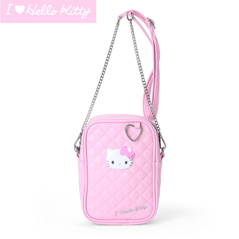 Front view of Hello Kitty cosmetic bag with heart zipper pull