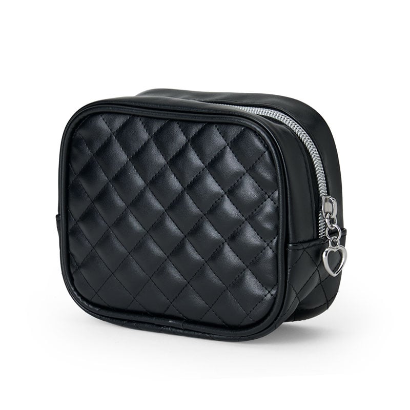 Hello Kitty black quilted zipper pouch open, revealing interior pocket and organized cosmetics