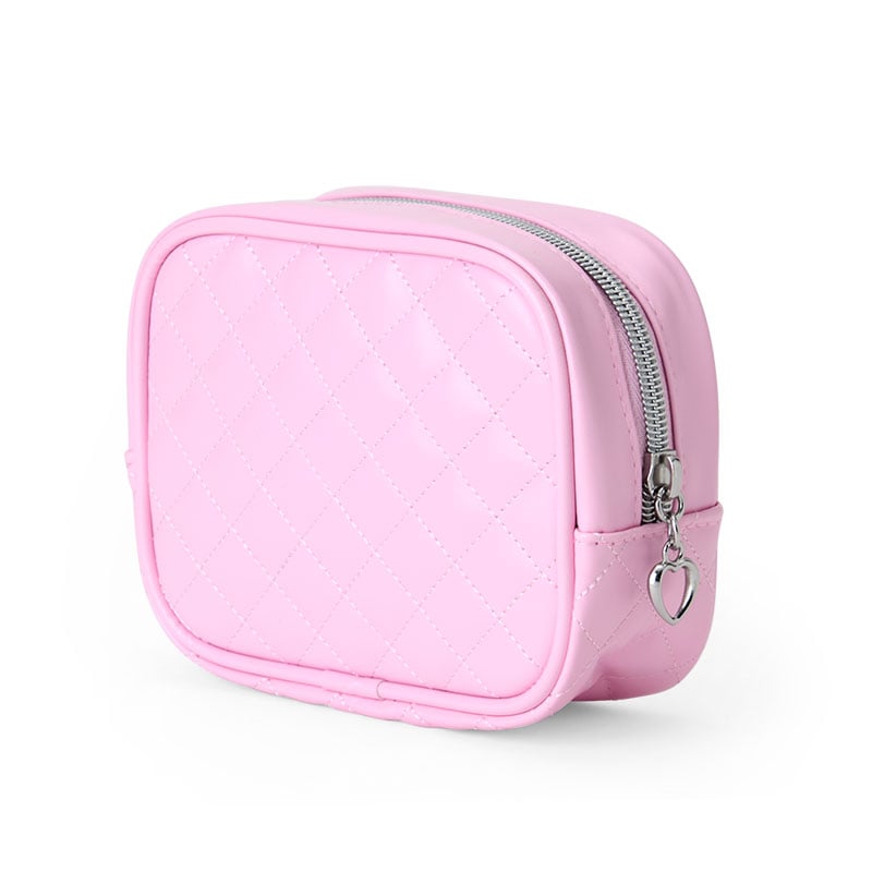 Hello Kitty pink quilted cosmetic bag with one interior pocket and rhinestone accents
