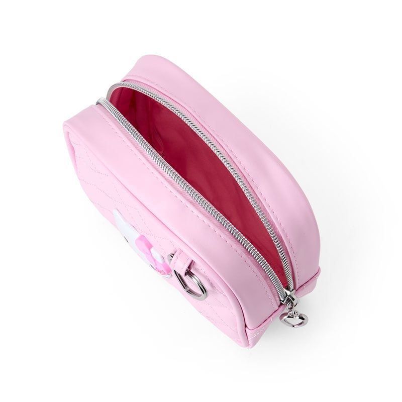 Hello Kitty pink quilted makeup bag with rhinestone accents and embroidered details