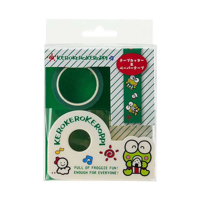 Close-up of Keroppi washi tape dispenser showing embossed cutter and tape roll