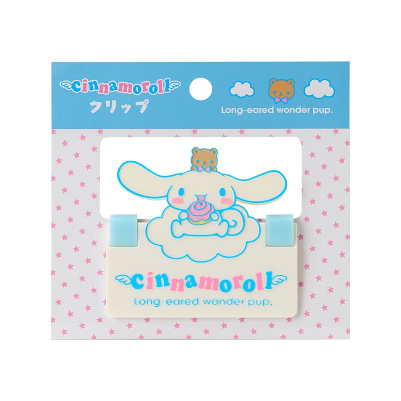 Close-up of Sanrio Cinnamoroll large paper clip holding recipe cards