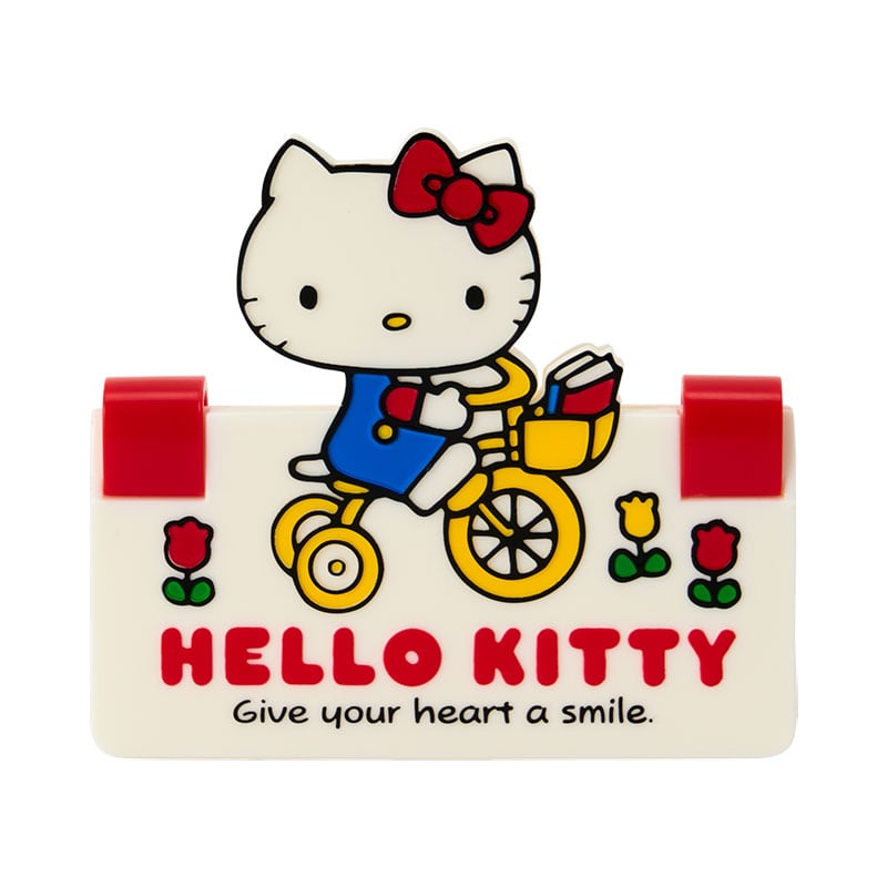 Close-up of embossed Hello Kitty design on retro-style paper clip