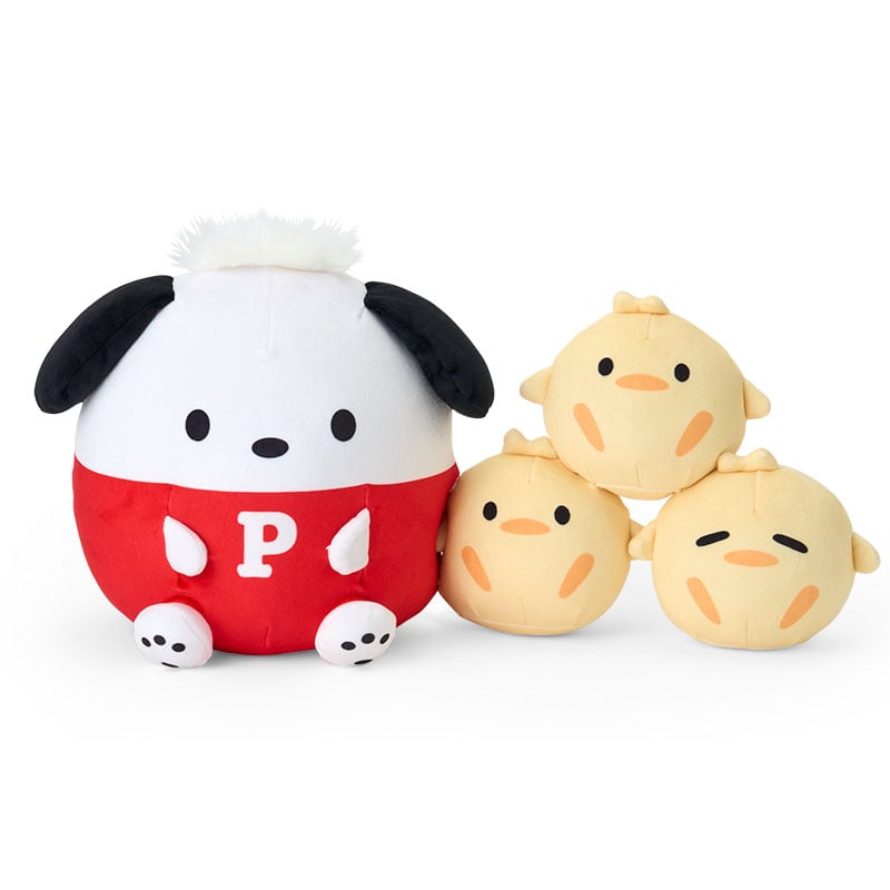 Front view of cute pillows featuring Pochacco and Pi-chans styled on a modern sofa