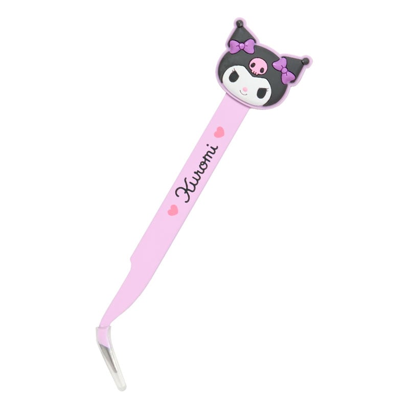 Kuromi DIY charm kit laid out with tweezers, stickers, and acrylic plates