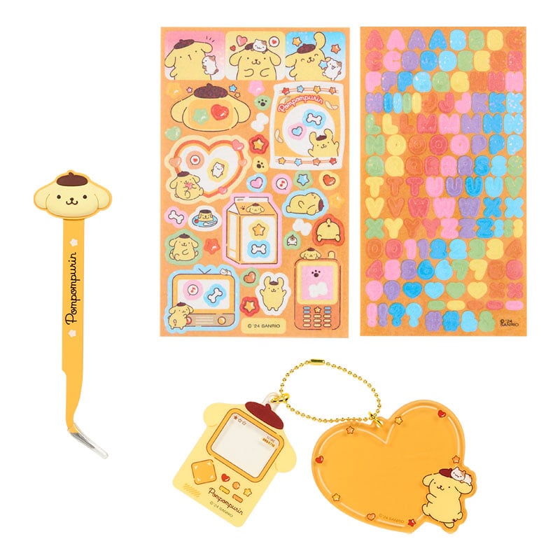 Pompompurin DIY charm set kit contents, including tweezers and stickers.